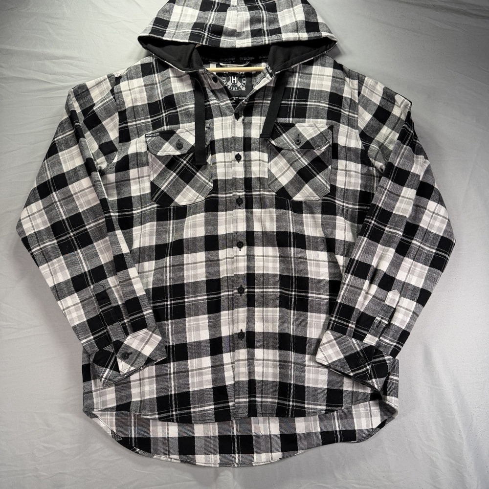 Howitzer Flannel Hoodie Mens Large Plaid Button Up Hooded Shirt Long Sleeve